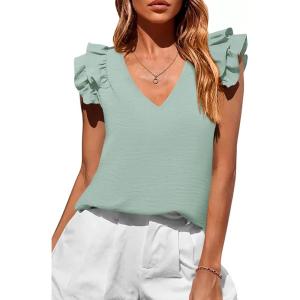 PRETTYGARDEN Womens Blouses Dressy Casual 2026 Summer V Neck Ruffle Cap Sleeve Business Work Tops Spring Teacher Shirts(Light Green)