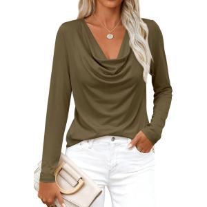 PRETTYGARDEN Womens Spring Tops 2026 Dressy Cowl Neck Long Sleeve Shirts Loose Business Casual Blouses Teacher Tunic Top(Army Green)