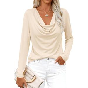 PRETTYGARDEN Womens Spring Tops 2026 Dressy Cowl Neck Long Sleeve Shirts Loose Business Casual Blouses Teacher Tunic Top(Beige)