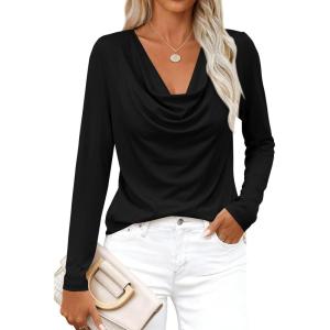 PRETTYGARDEN Womens Spring Tops 2026 Dressy Cowl Neck Long Sleeve Shirts Loose Business Casual Blouses Teacher Tunic Top(Black)
