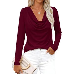 PRETTYGARDEN Womens Spring Tops 2026 Dressy Cowl Neck Long Sleeve Shirts Loose Business Casual Blouses Teacher Tunic Top(Burgundy)