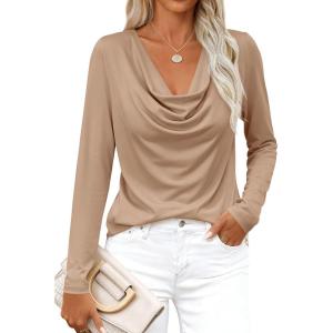 PRETTYGARDEN Womens Spring Tops 2026 Dressy Cowl Neck Long Sleeve Shirts Loose Business Casual Blouses Teacher Tunic Top(Khaki)