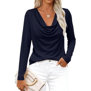 PRETTYGARDEN Womens Spring Tops 2026 Dressy Cowl Neck Long Sleeve Shirts Loose Business Casual Blouses Teacher Tunic Top(Navy Blue)