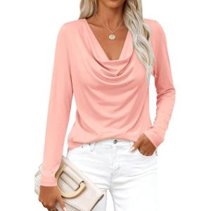 PRETTYGARDEN Womens Spring Tops 2026 Dressy Cowl Neck Long Sleeve Shirts Loose Business Casual Blouses Teacher Tunic Top(Pink)