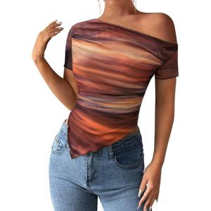 PRETTYGARDEN Womens Summer Off The Shoulder Tops 2026 Spring Short Sleeve Mesh Tie Dye Shirt Ruched Asymmetrical Y2k Clothes(Floral Brown)