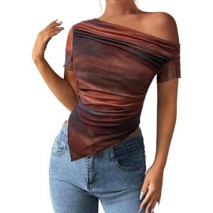 PRETTYGARDEN Womens Summer Off The Shoulder Tops 2026 Spring Short Sleeve Mesh Tie Dye Shirt Ruched Asymmetrical Y2k Clothes(Floral Red Brown)