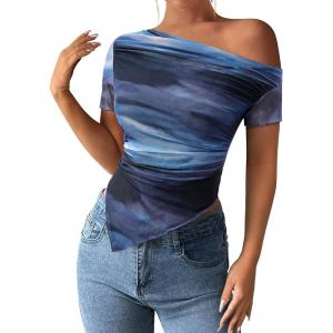 PRETTYGARDEN Womens Summer Off The Shoulder Tops 2026 Spring Short Sleeve Mesh Tie Dye Shirt Ruched Asymmetrical Y2k Clothes(Gradient Blue)