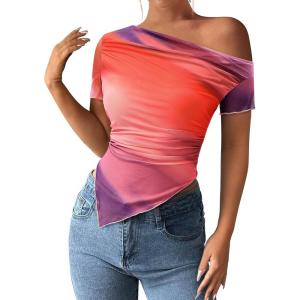 PRETTYGARDEN Womens Summer Off The Shoulder Tops 2026 Spring Short Sleeve Mesh Tie Dye Shirt Ruched Asymmetrical Y2k Clothes(Multicolour Print)