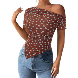 PRETTYGARDEN Womens Summer Off The Shoulder Tops 2026 Spring Short Sleeve Mesh Tie Dye Shirt Ruched Asymmetrical Y2k Clothes(Polka Dot Brown)