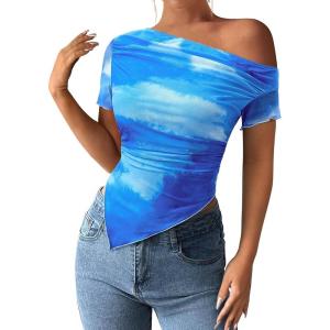 PRETTYGARDEN Womens Summer Off The Shoulder Tops 2026 Spring Short Sleeve Mesh Tie Dye Shirt Ruched Asymmetrical Y2k Clothes(Watercolor Light Blue)