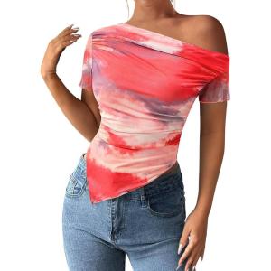 PRETTYGARDEN Womens Summer Off The Shoulder Tops 2026 Spring Short Sleeve Mesh Tie Dye Shirt Ruched Asymmetrical Y2k Clothes(Watercolor Pink)