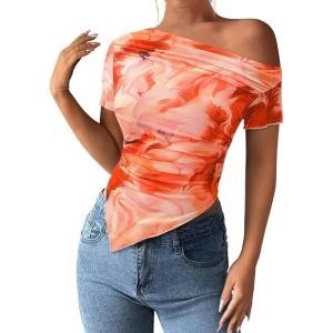 PRETTYGARDEN Womens Summer Off The Shoulder Tops 2026 Spring Short Sleeve Mesh Tie Dye Shirt Ruched Asymmetrical Y2k Clothes(Watercolour Orange)