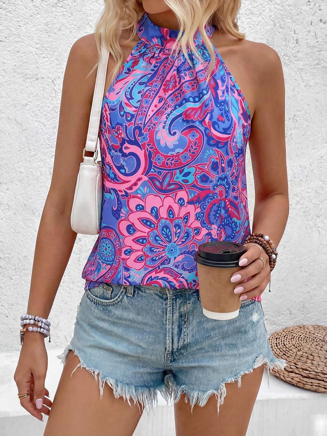 imagePRETTYGARDEN Halter Tops for Women 2026 Summer High Neck Boho Tank Top Sleeveless Beach Vacation Clothes Casual Blouse ShirtsFloral Blue