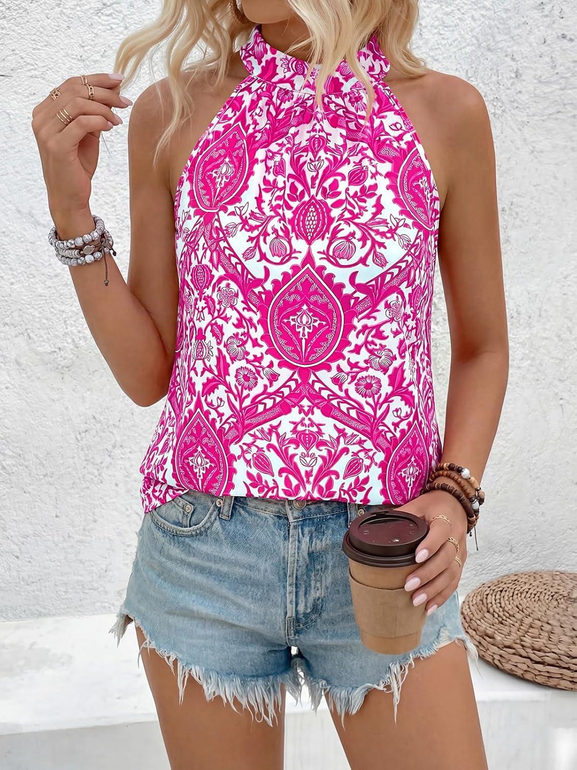 imagePRETTYGARDEN Halter Tops for Women 2026 Summer High Neck Boho Tank Top Sleeveless Beach Vacation Clothes Casual Blouse ShirtsFloral White Rose Red