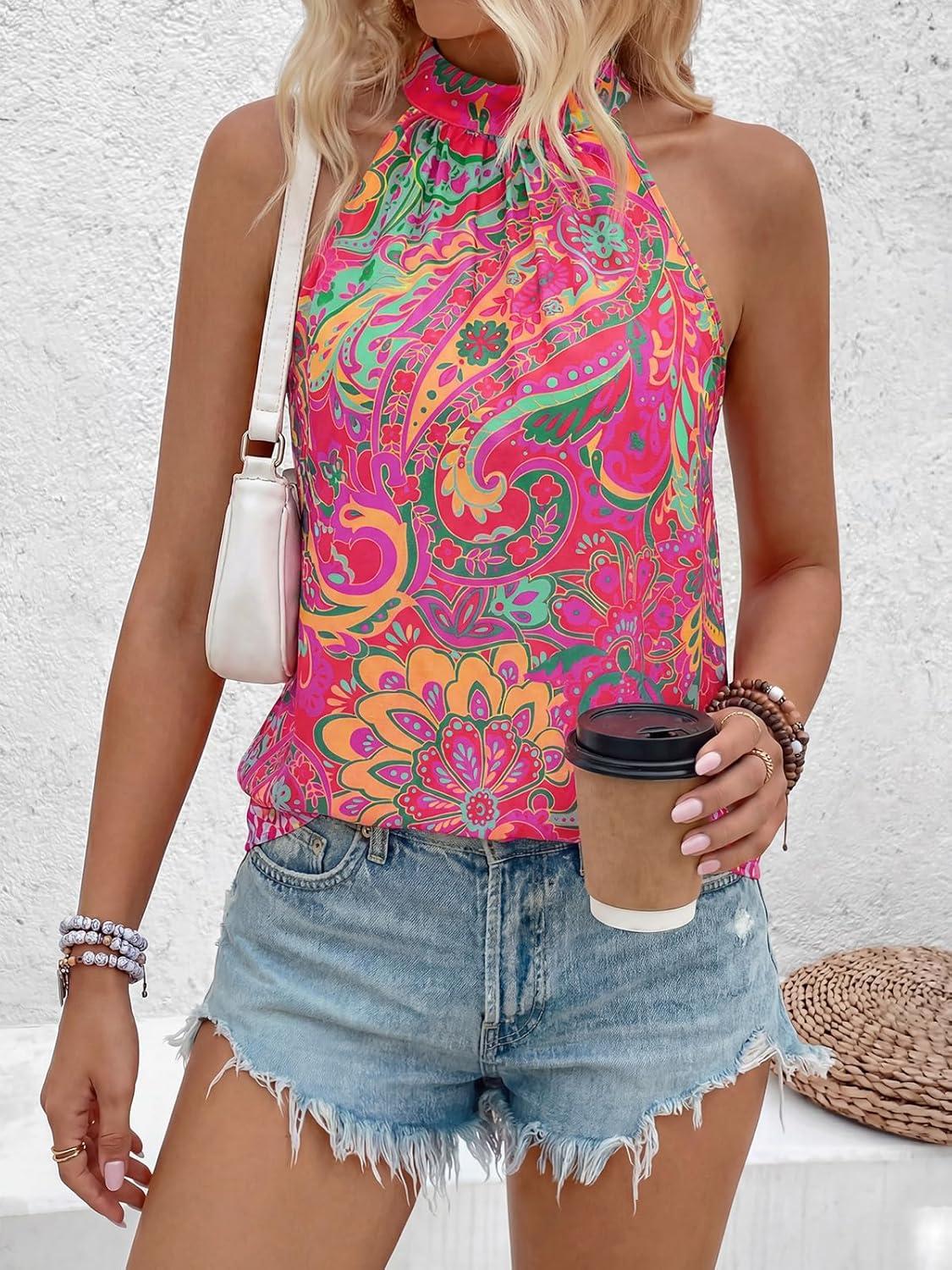 imagePRETTYGARDEN Halter Tops for Women 2026 Summer High Neck Boho Tank Top Sleeveless Beach Vacation Clothes Casual Blouse ShirtsRose Red Floral