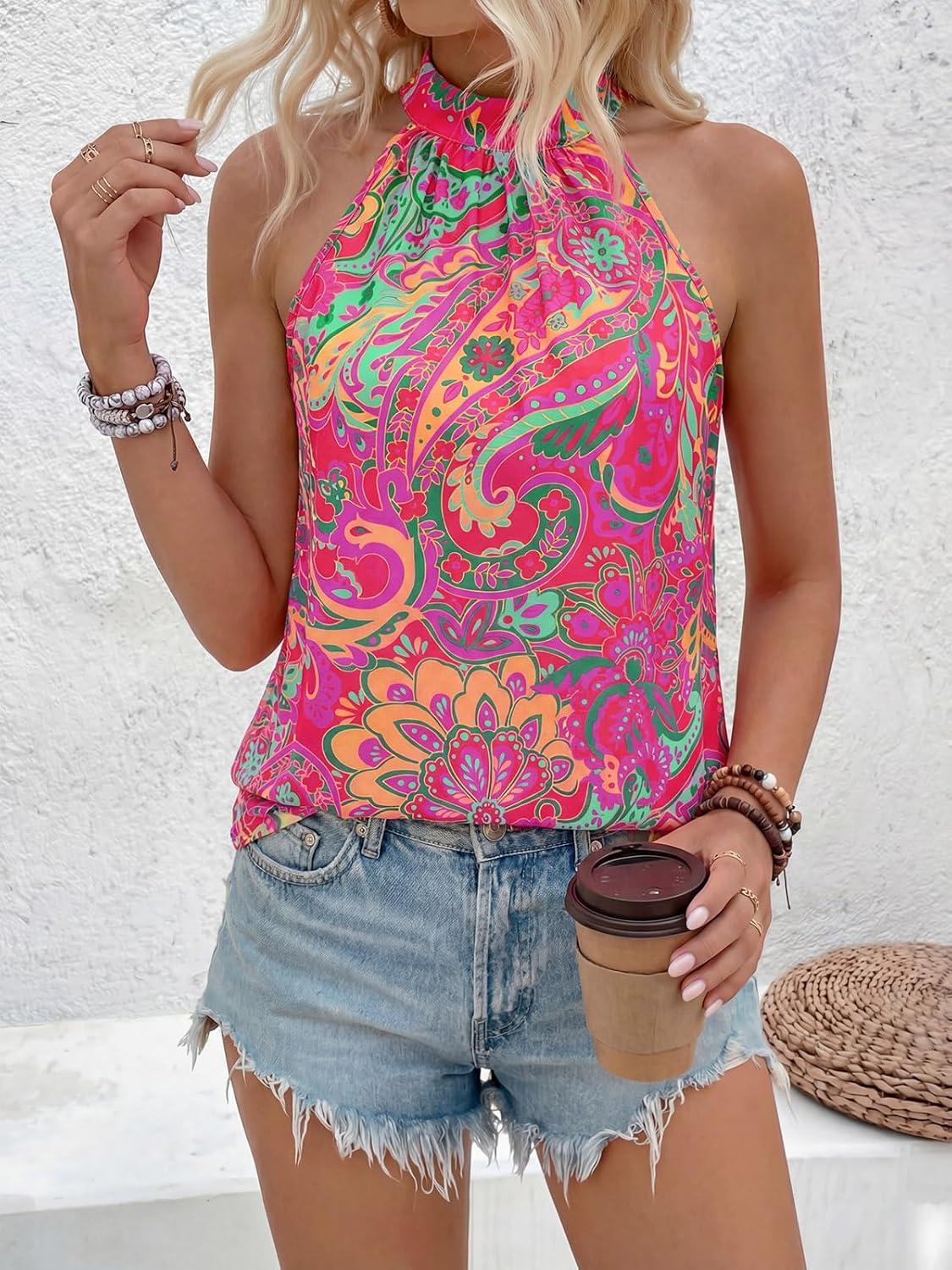 imagePRETTYGARDEN Halter Tops for Women 2026 Summer High Neck Boho Tank Top Sleeveless Beach Vacation Clothes Casual Blouse ShirtsRose Red Floral