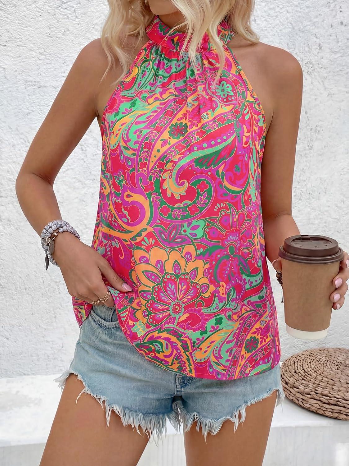 imagePRETTYGARDEN Halter Tops for Women 2026 Summer High Neck Boho Tank Top Sleeveless Beach Vacation Clothes Casual Blouse ShirtsRose Red Floral