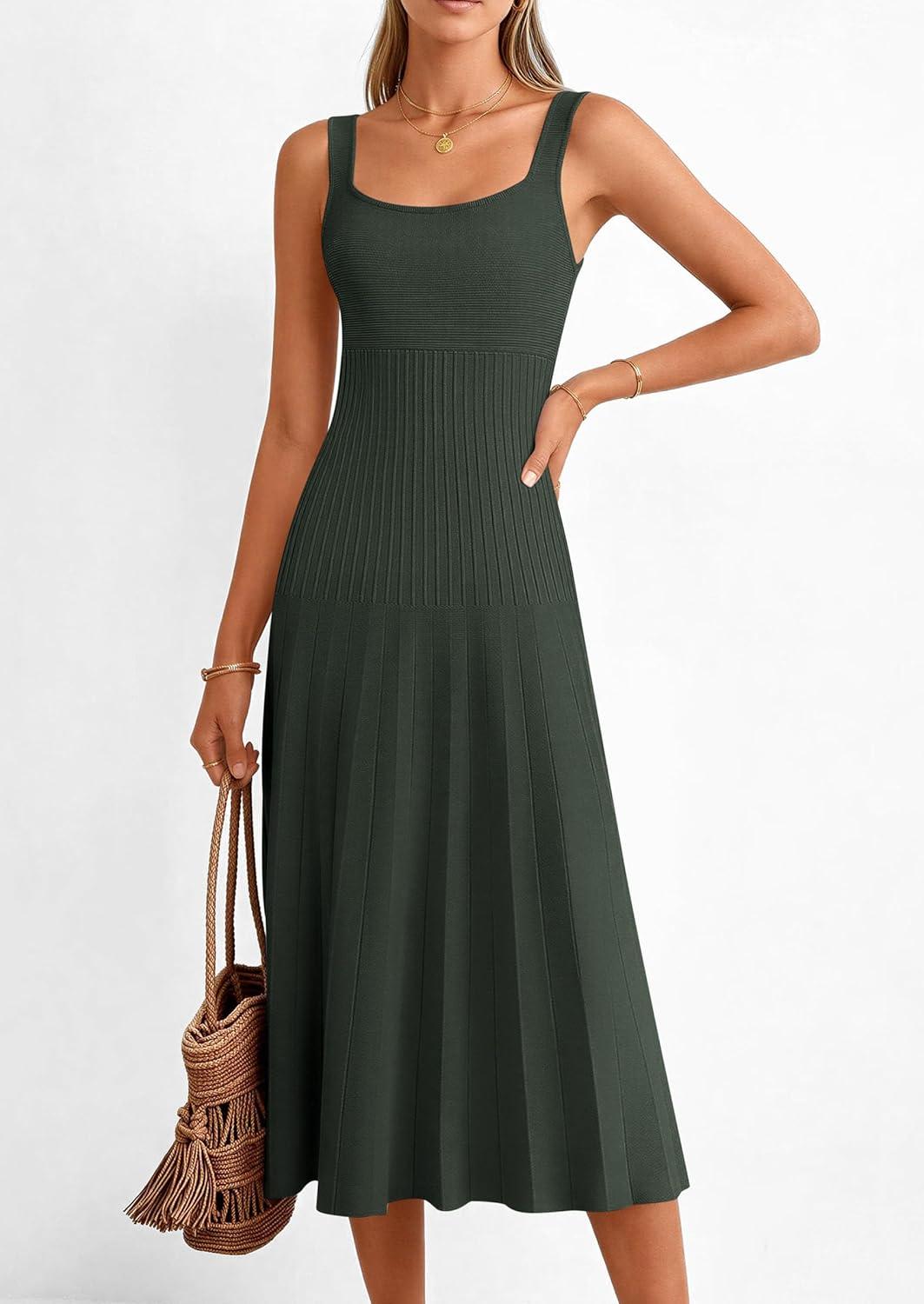 imagePRETTYGARDEN Spring Dresses for Women 2026 Summer Casual Sleeveless Square Neck A Line Knit Pleated Midi Cocktail Party DressArmy Green