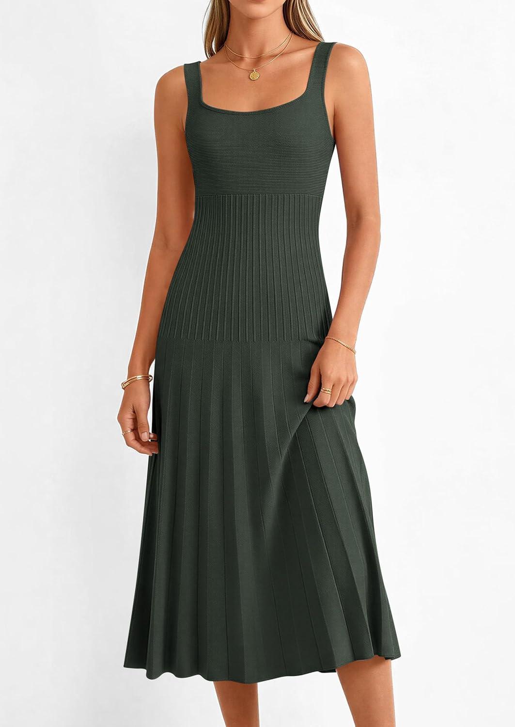 imagePRETTYGARDEN Spring Dresses for Women 2026 Summer Casual Sleeveless Square Neck A Line Knit Pleated Midi Cocktail Party DressArmy Green
