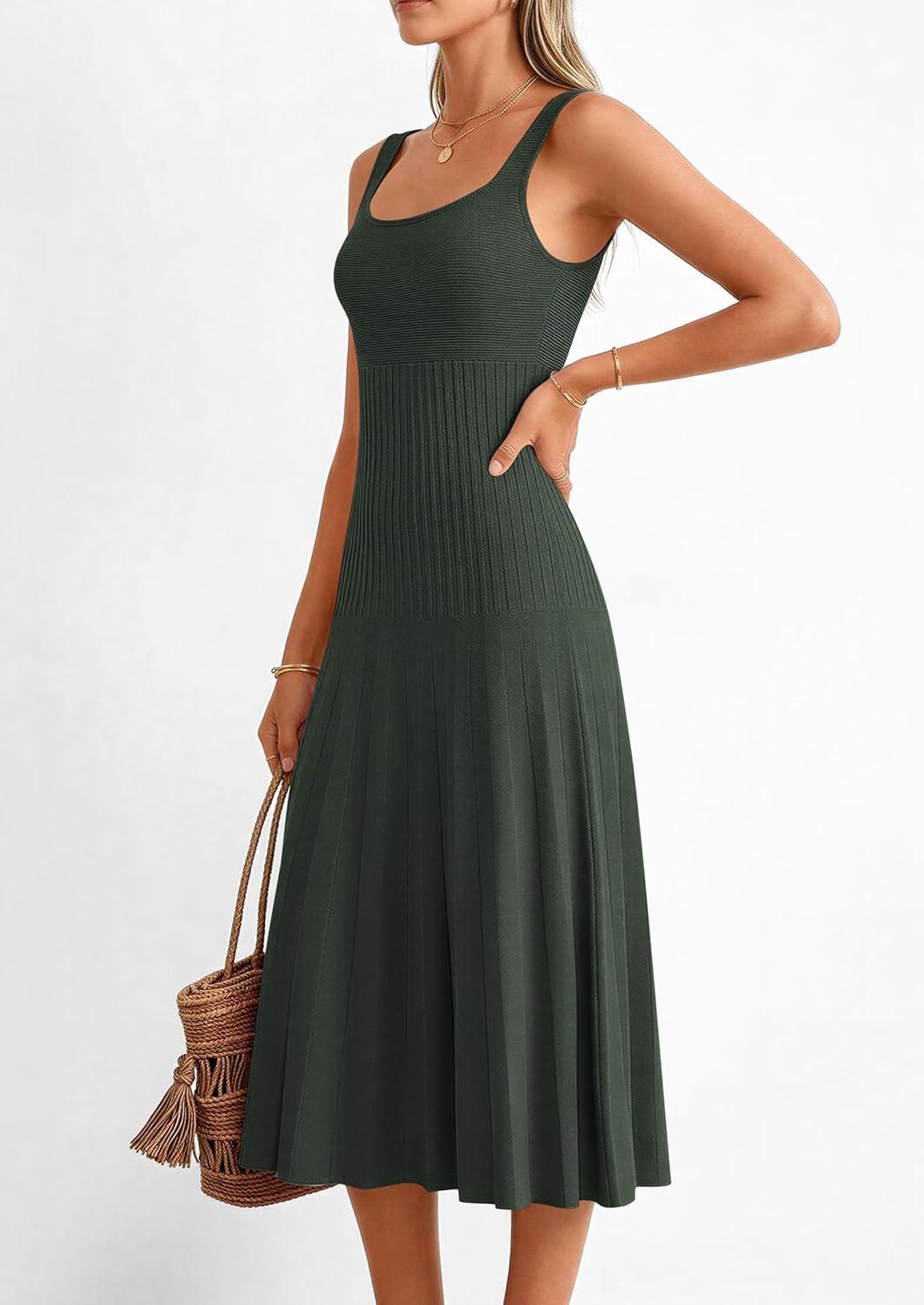 imagePRETTYGARDEN Spring Dresses for Women 2026 Summer Casual Sleeveless Square Neck A Line Knit Pleated Midi Cocktail Party DressArmy Green