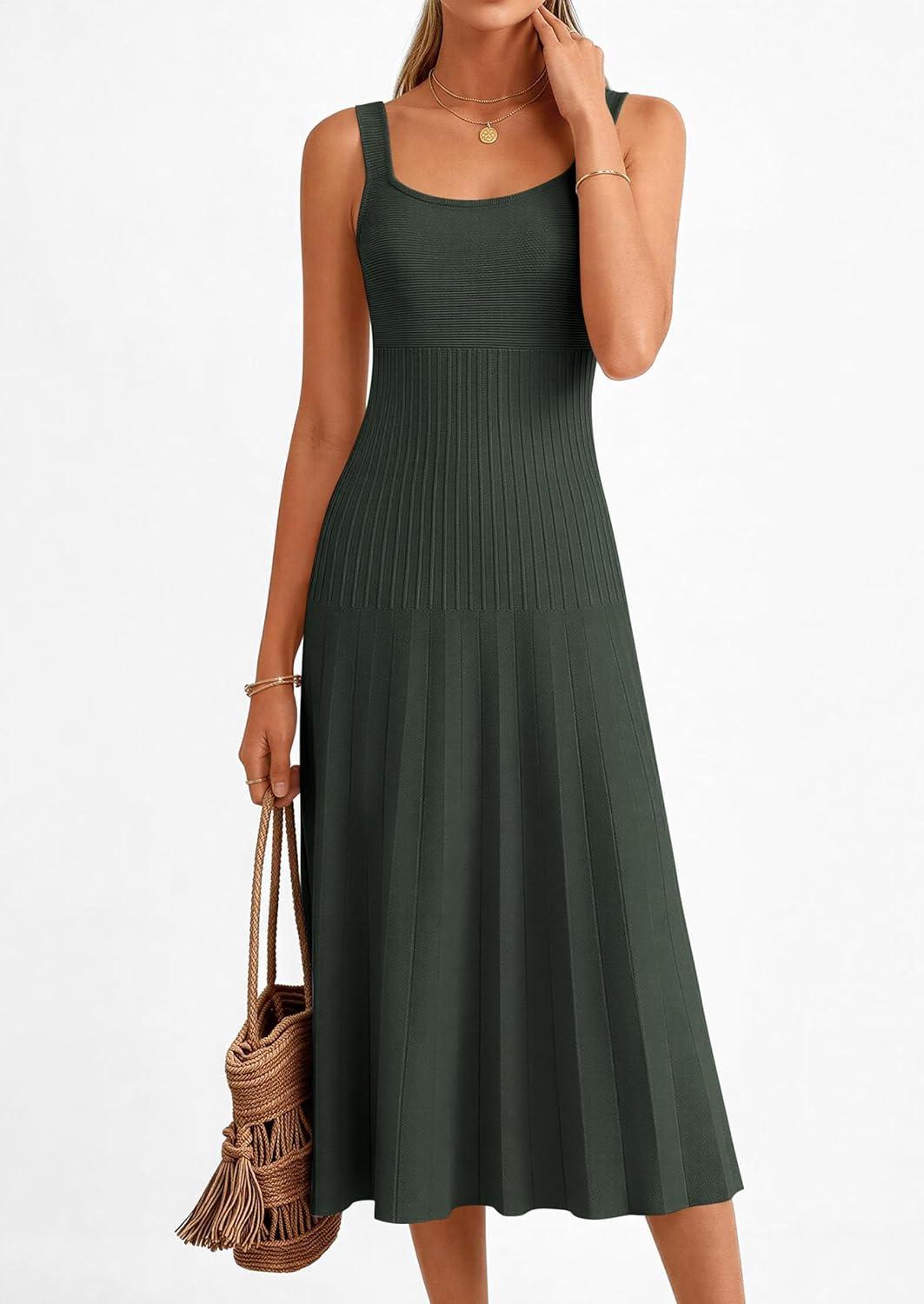imagePRETTYGARDEN Spring Dresses for Women 2026 Summer Casual Sleeveless Square Neck A Line Knit Pleated Midi Cocktail Party DressArmy Green