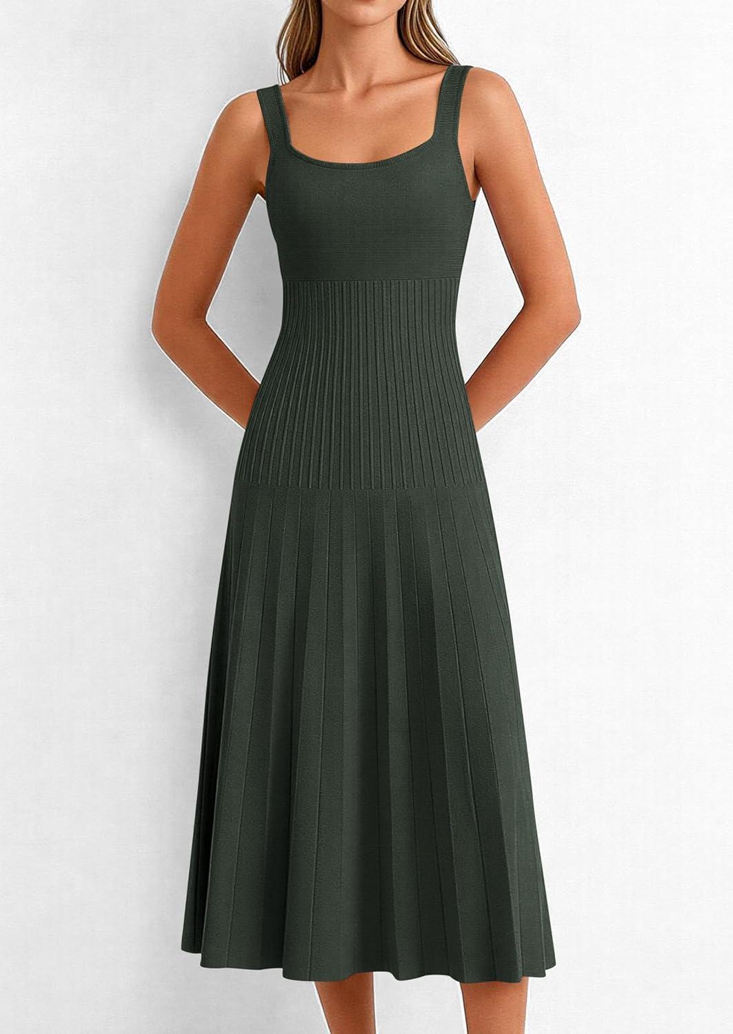 imagePRETTYGARDEN Spring Dresses for Women 2026 Summer Casual Sleeveless Square Neck A Line Knit Pleated Midi Cocktail Party DressArmy Green