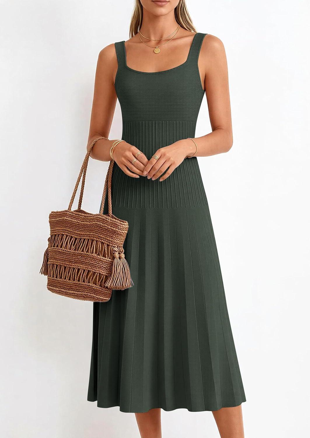 imagePRETTYGARDEN Spring Dresses for Women 2026 Summer Casual Sleeveless Square Neck A Line Knit Pleated Midi Cocktail Party DressArmy Green