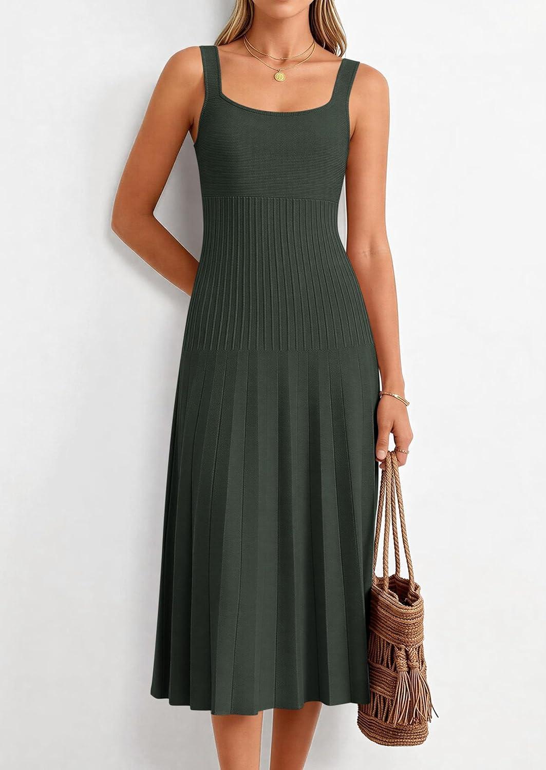 imagePRETTYGARDEN Spring Dresses for Women 2026 Summer Casual Sleeveless Square Neck A Line Knit Pleated Midi Cocktail Party DressArmy Green