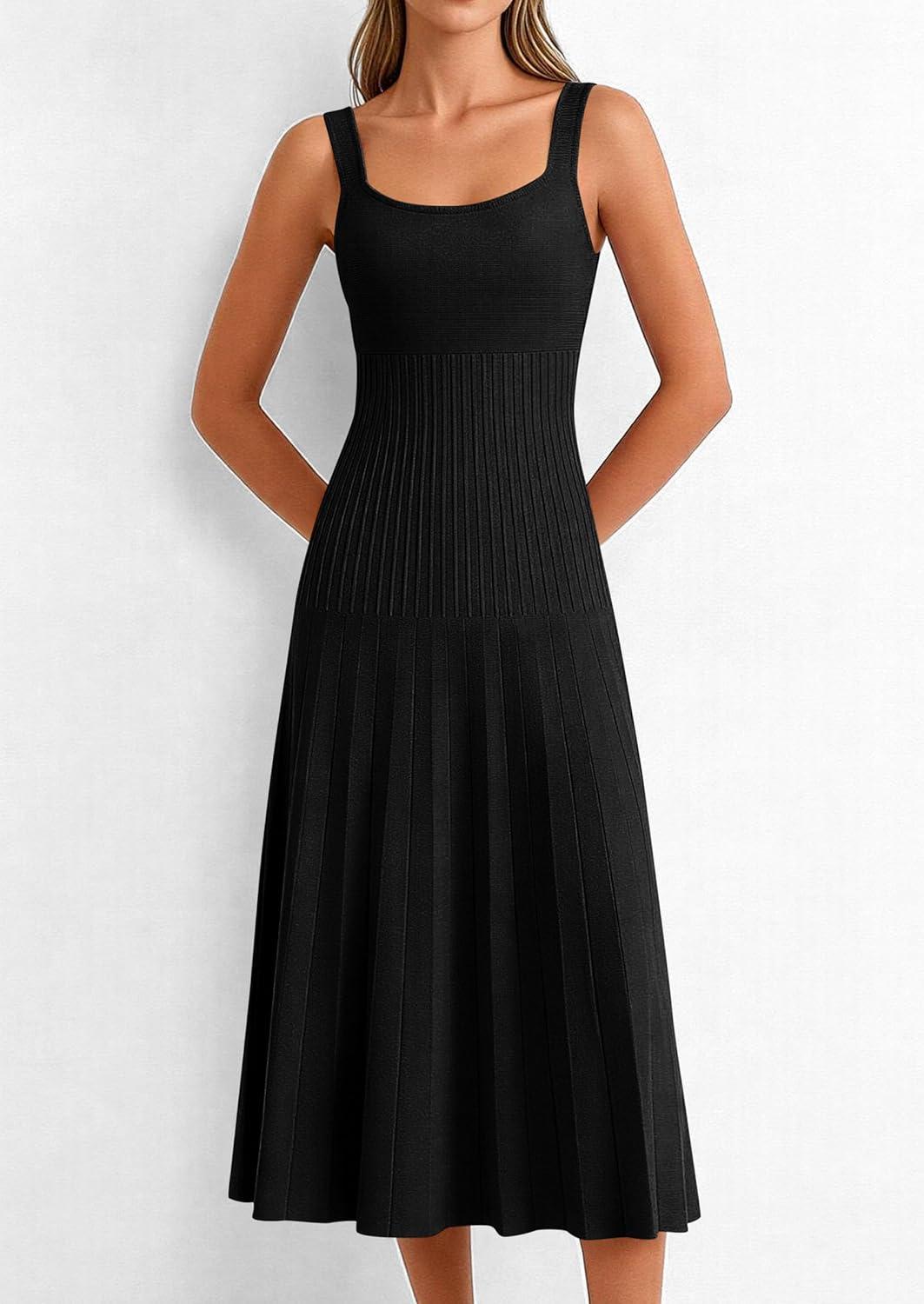 imagePRETTYGARDEN Spring Dresses for Women 2026 Summer Casual Sleeveless Square Neck A Line Knit Pleated Midi Cocktail Party DressBlack
