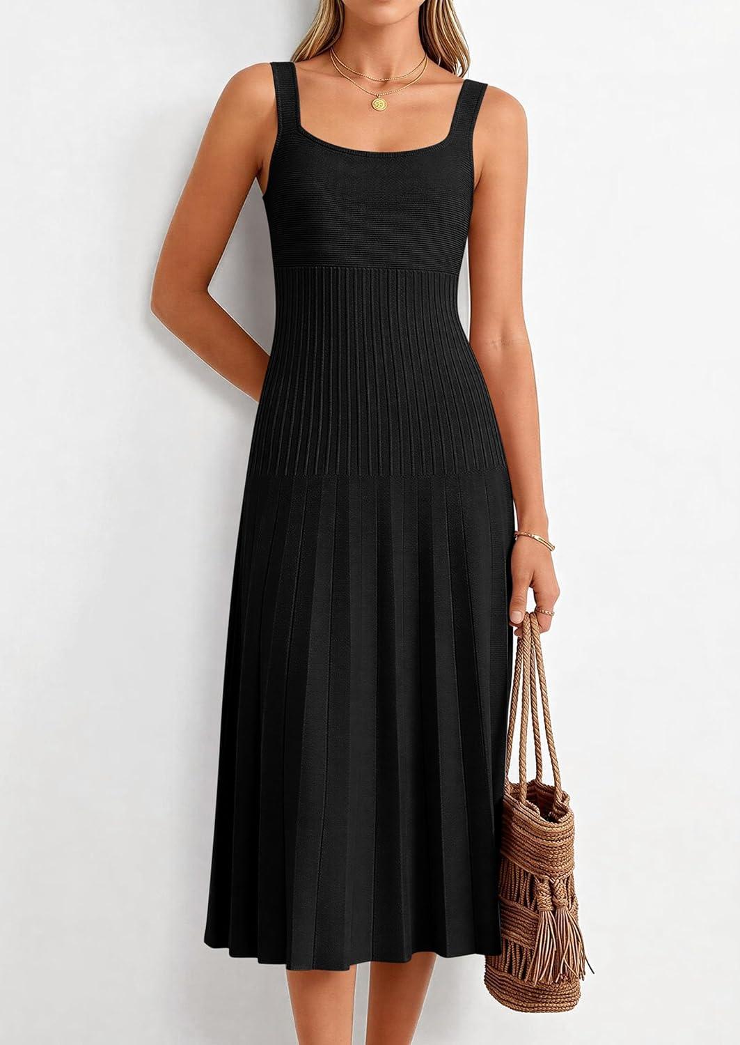 imagePRETTYGARDEN Spring Dresses for Women 2026 Summer Casual Sleeveless Square Neck A Line Knit Pleated Midi Cocktail Party DressBlack