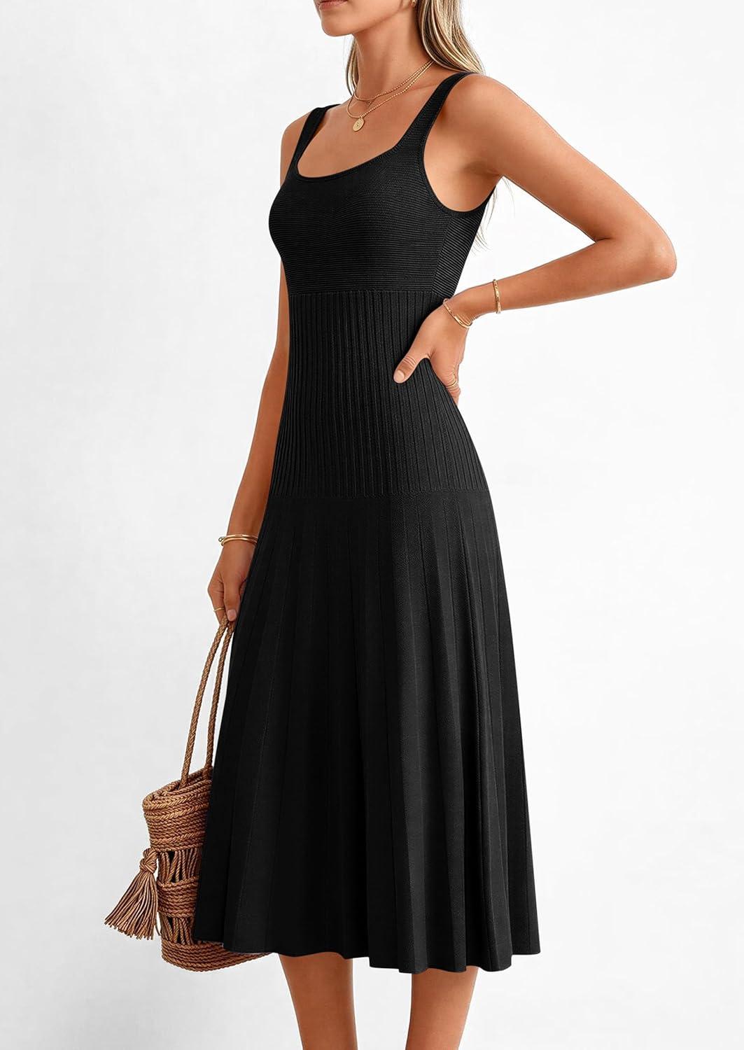 imagePRETTYGARDEN Spring Dresses for Women 2026 Summer Casual Sleeveless Square Neck A Line Knit Pleated Midi Cocktail Party DressBlack