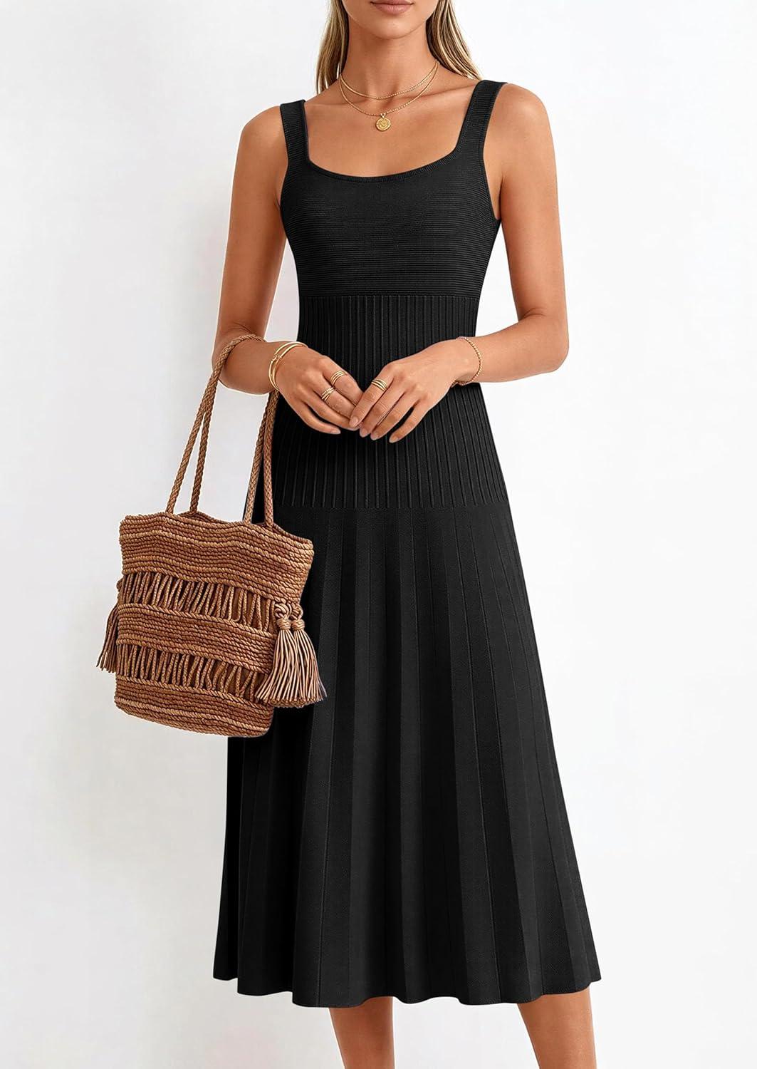 imagePRETTYGARDEN Spring Dresses for Women 2026 Summer Casual Sleeveless Square Neck A Line Knit Pleated Midi Cocktail Party DressBlack