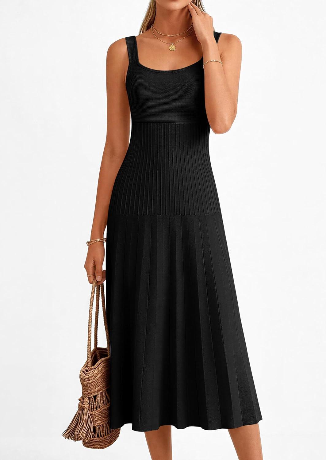 imagePRETTYGARDEN Spring Dresses for Women 2026 Summer Casual Sleeveless Square Neck A Line Knit Pleated Midi Cocktail Party DressBlack