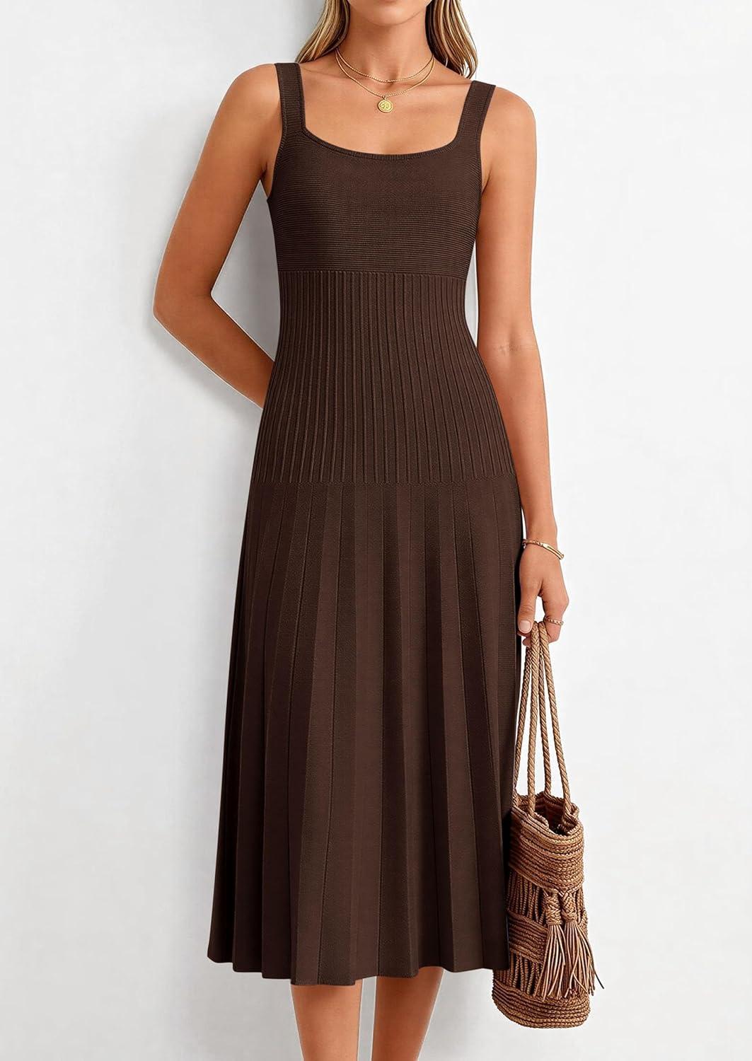 imagePRETTYGARDEN Spring Dresses for Women 2026 Summer Casual Sleeveless Square Neck A Line Knit Pleated Midi Cocktail Party DressBrown