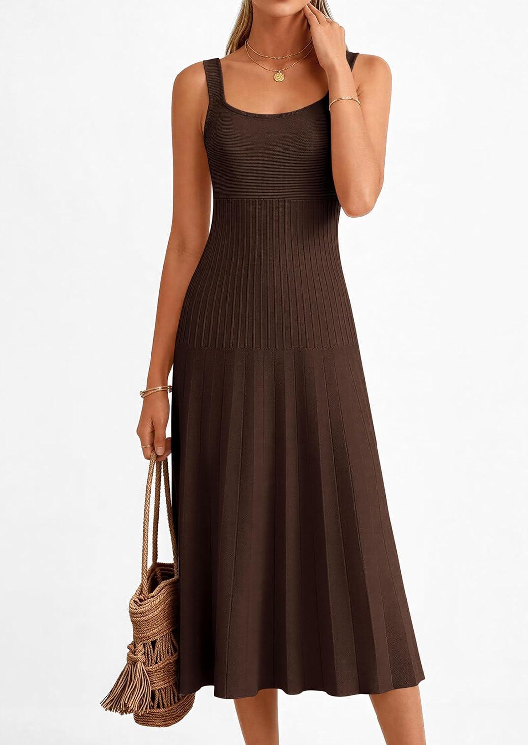 imagePRETTYGARDEN Spring Dresses for Women 2026 Summer Casual Sleeveless Square Neck A Line Knit Pleated Midi Cocktail Party DressBrown