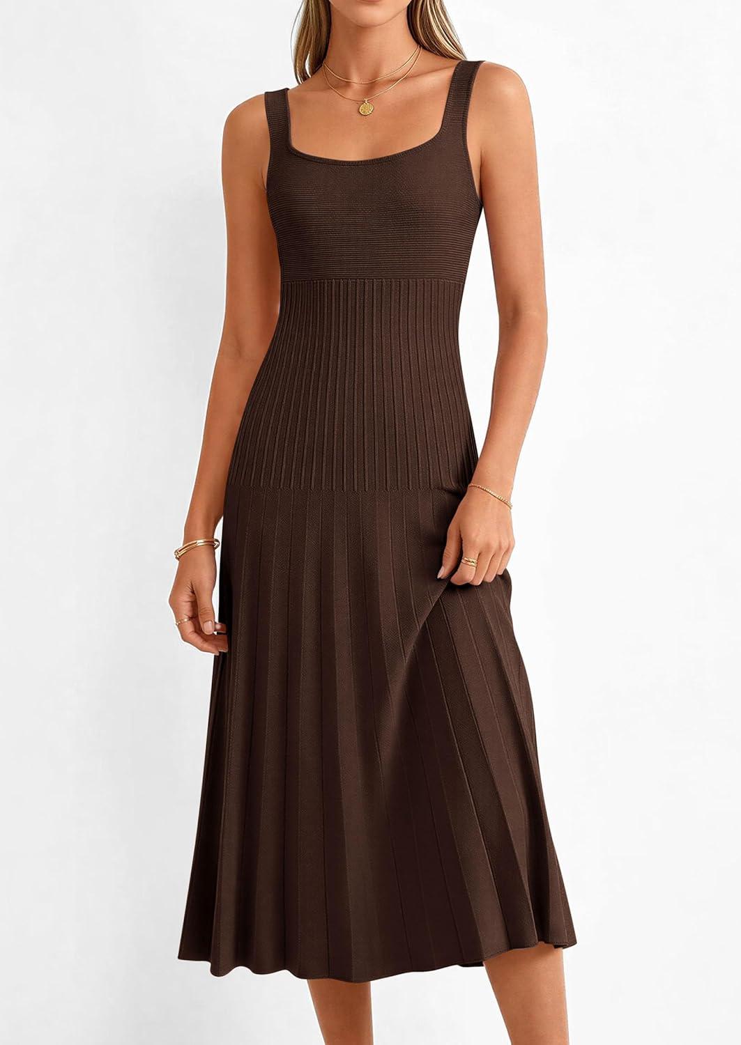 imagePRETTYGARDEN Spring Dresses for Women 2026 Summer Casual Sleeveless Square Neck A Line Knit Pleated Midi Cocktail Party DressBrown