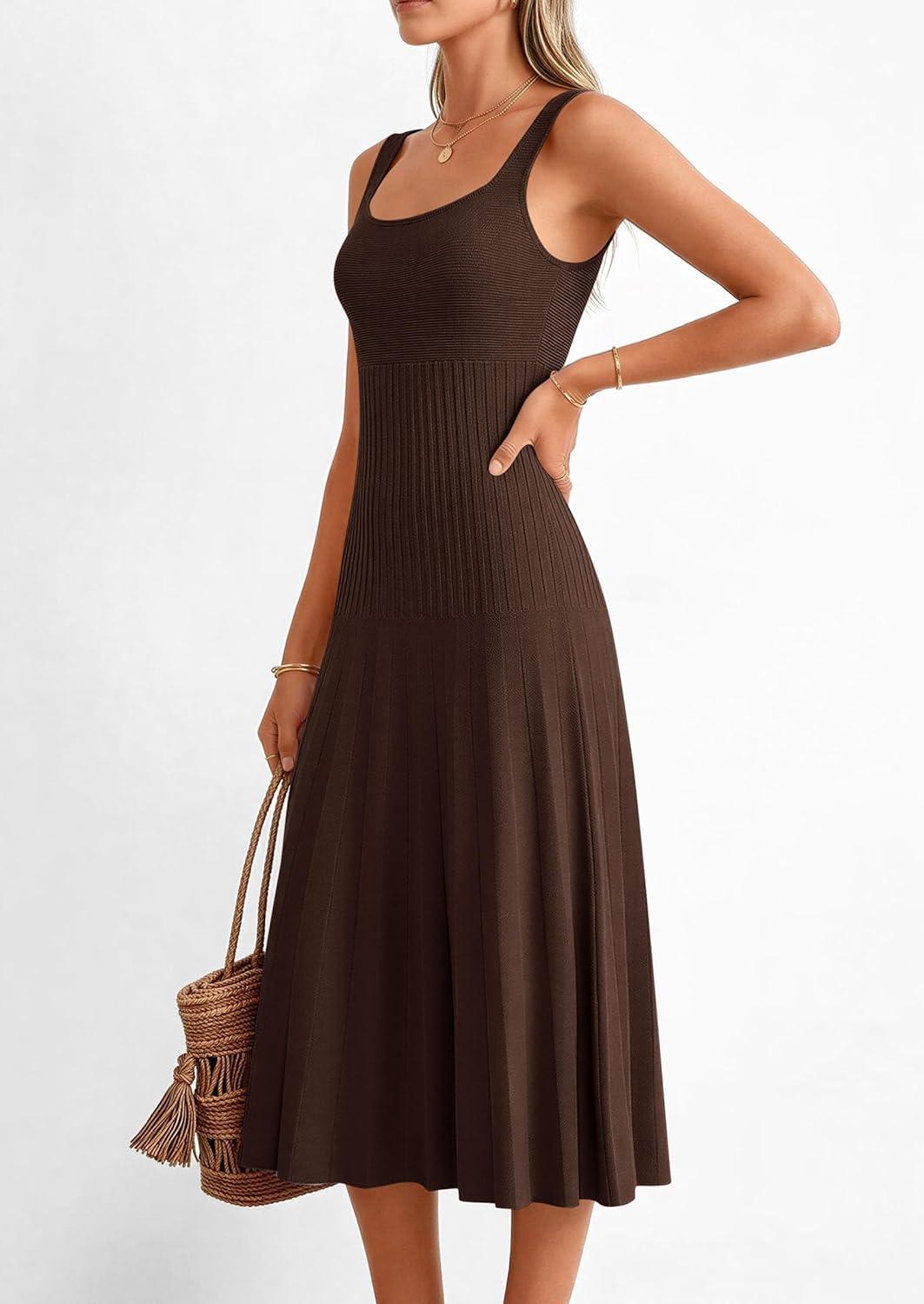 imagePRETTYGARDEN Spring Dresses for Women 2026 Summer Casual Sleeveless Square Neck A Line Knit Pleated Midi Cocktail Party DressBrown