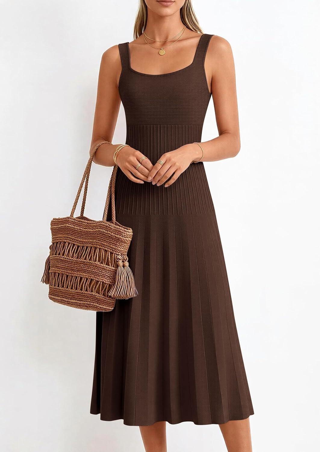 imagePRETTYGARDEN Spring Dresses for Women 2026 Summer Casual Sleeveless Square Neck A Line Knit Pleated Midi Cocktail Party DressBrown