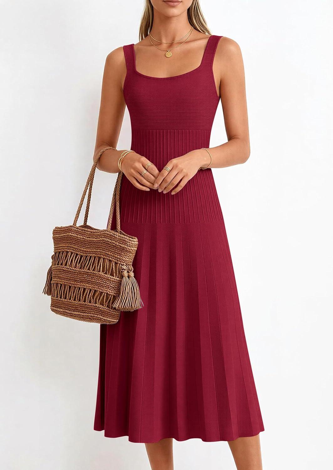 imagePRETTYGARDEN Spring Dresses for Women 2026 Summer Casual Sleeveless Square Neck A Line Knit Pleated Midi Cocktail Party DressBurgundy