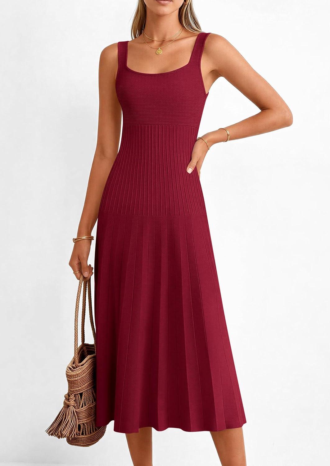 imagePRETTYGARDEN Spring Dresses for Women 2026 Summer Casual Sleeveless Square Neck A Line Knit Pleated Midi Cocktail Party DressBurgundy