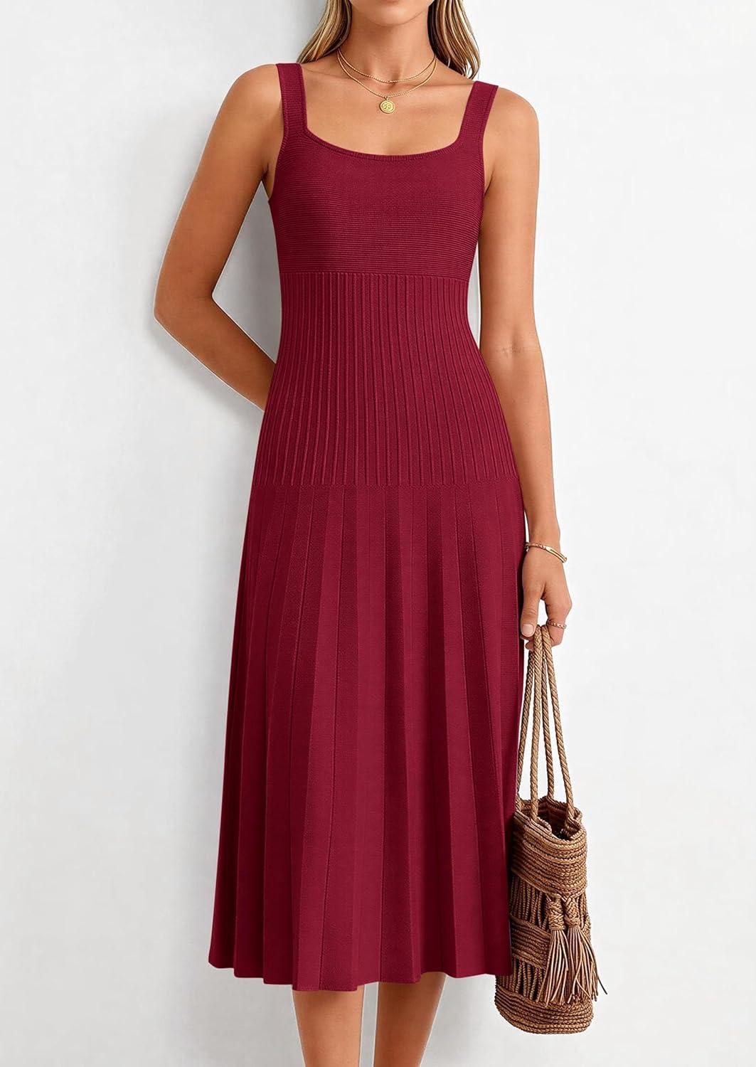 imagePRETTYGARDEN Spring Dresses for Women 2026 Summer Casual Sleeveless Square Neck A Line Knit Pleated Midi Cocktail Party DressBurgundy