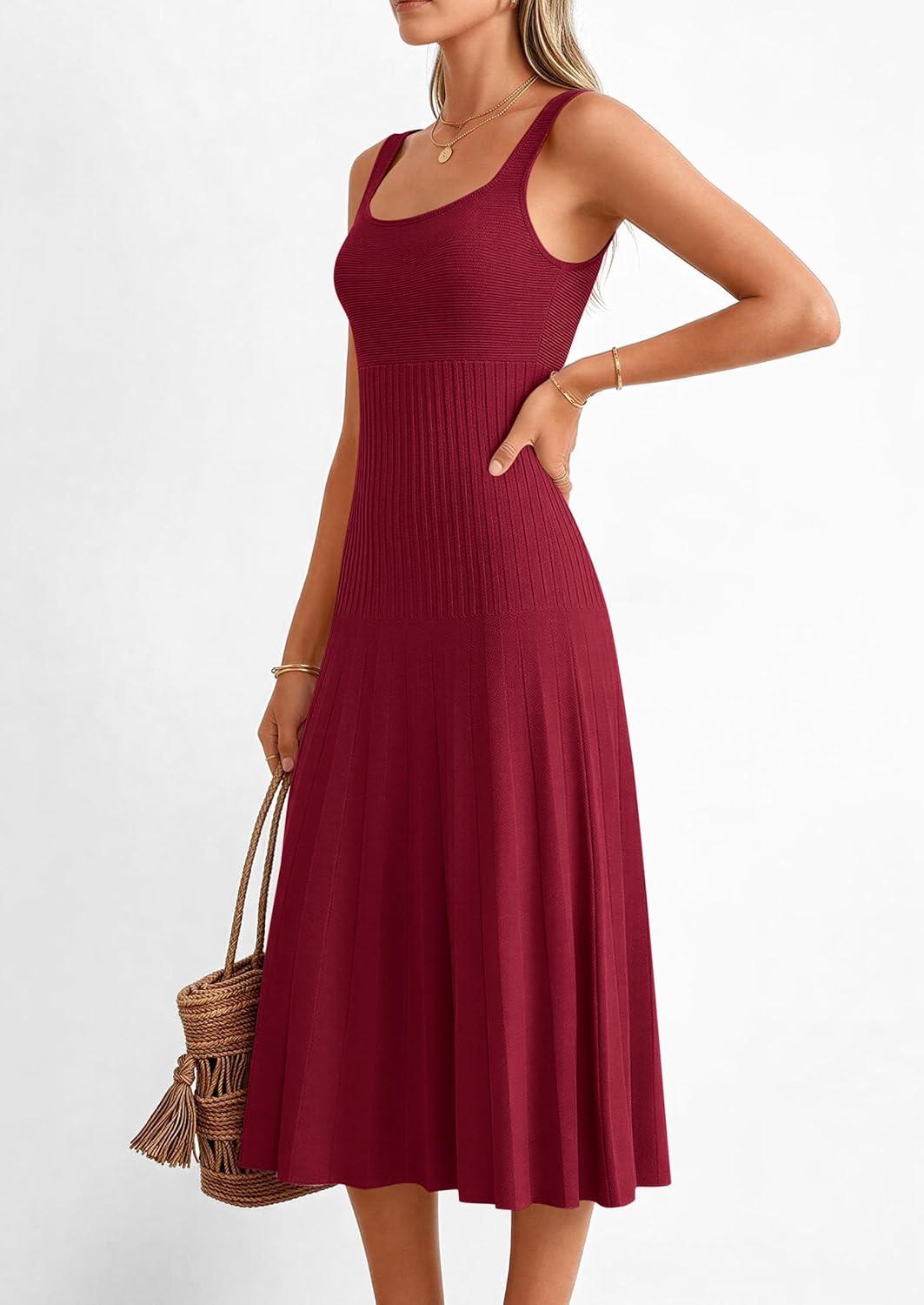 imagePRETTYGARDEN Spring Dresses for Women 2026 Summer Casual Sleeveless Square Neck A Line Knit Pleated Midi Cocktail Party DressBurgundy