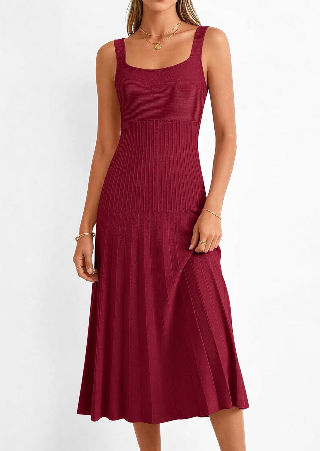 imagePRETTYGARDEN Spring Dresses for Women 2026 Summer Casual Sleeveless Square Neck A Line Knit Pleated Midi Cocktail Party DressBurgundy