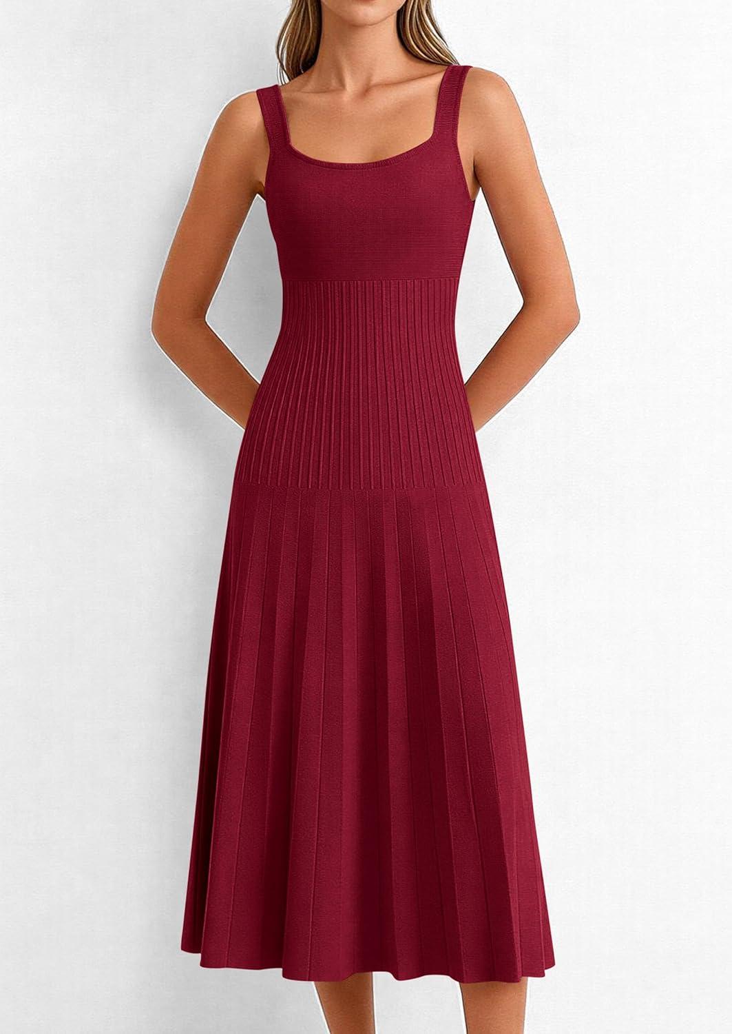 imagePRETTYGARDEN Spring Dresses for Women 2026 Summer Casual Sleeveless Square Neck A Line Knit Pleated Midi Cocktail Party DressBurgundy