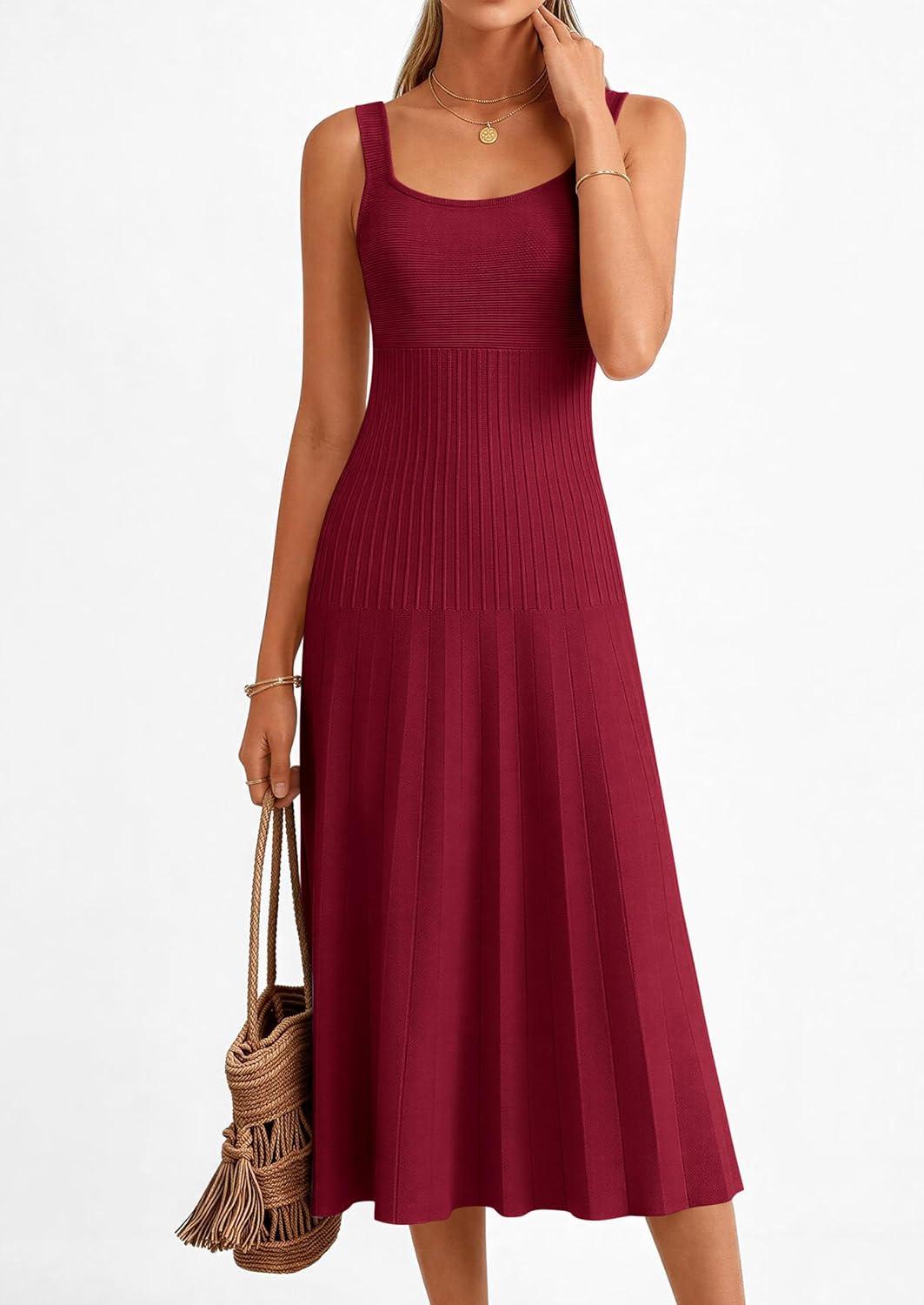 imagePRETTYGARDEN Spring Dresses for Women 2026 Summer Casual Sleeveless Square Neck A Line Knit Pleated Midi Cocktail Party DressBurgundy
