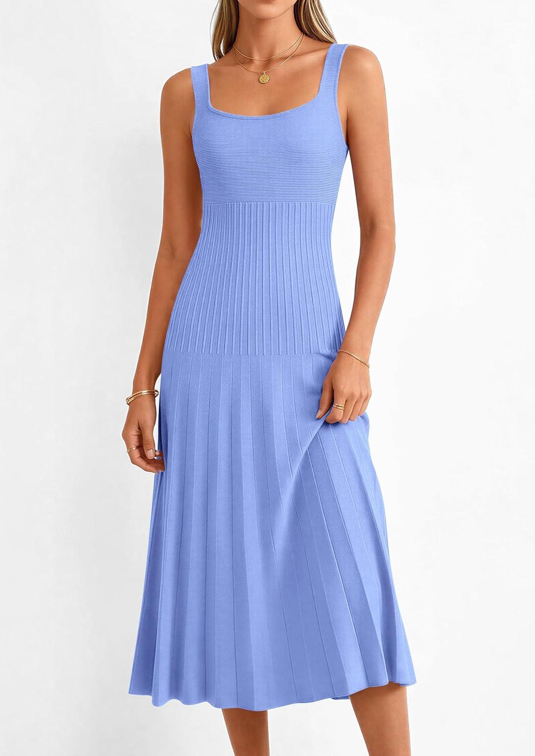 imagePRETTYGARDEN Spring Dresses for Women 2026 Summer Casual Sleeveless Square Neck A Line Knit Pleated Midi Cocktail Party DressLight Blue