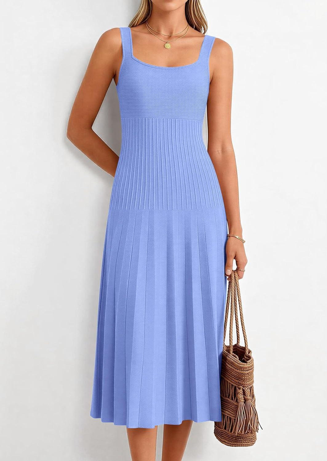 imagePRETTYGARDEN Spring Dresses for Women 2026 Summer Casual Sleeveless Square Neck A Line Knit Pleated Midi Cocktail Party DressLight Blue