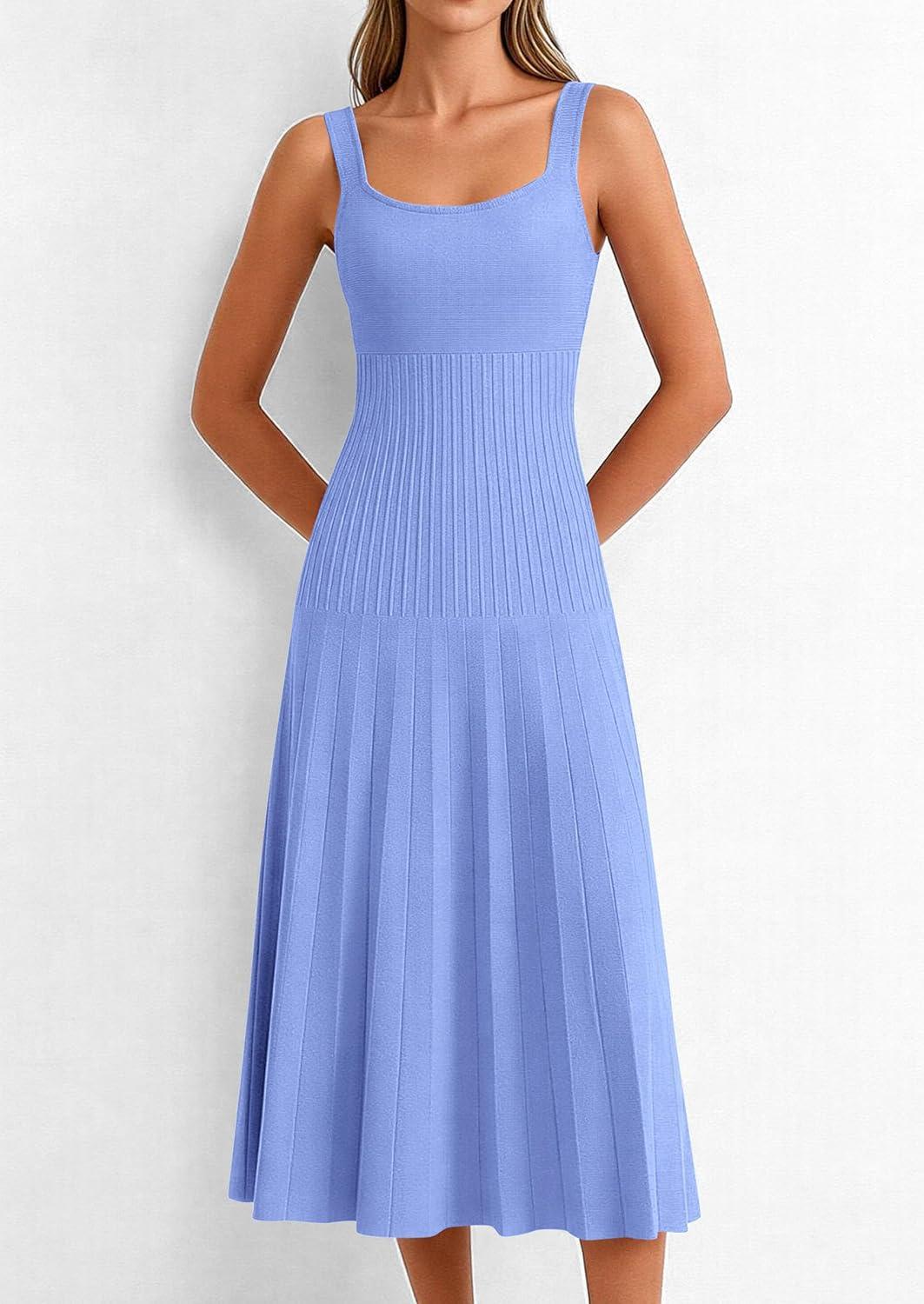 imagePRETTYGARDEN Spring Dresses for Women 2026 Summer Casual Sleeveless Square Neck A Line Knit Pleated Midi Cocktail Party DressLight Blue