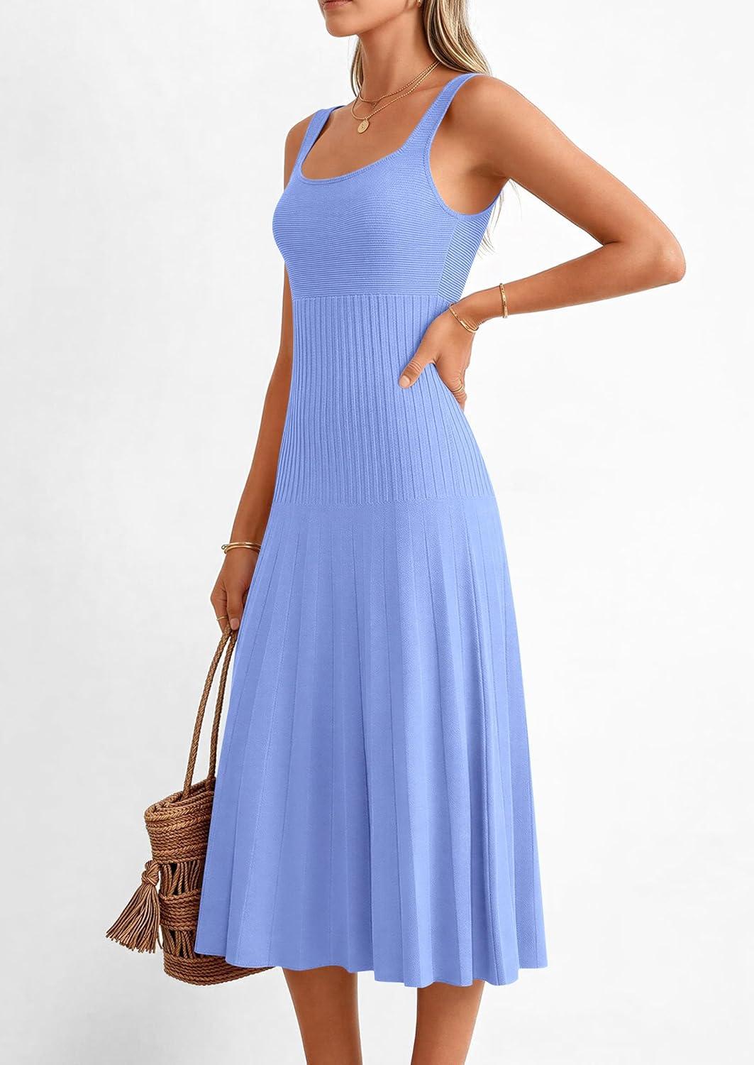 imagePRETTYGARDEN Spring Dresses for Women 2026 Summer Casual Sleeveless Square Neck A Line Knit Pleated Midi Cocktail Party DressLight Blue