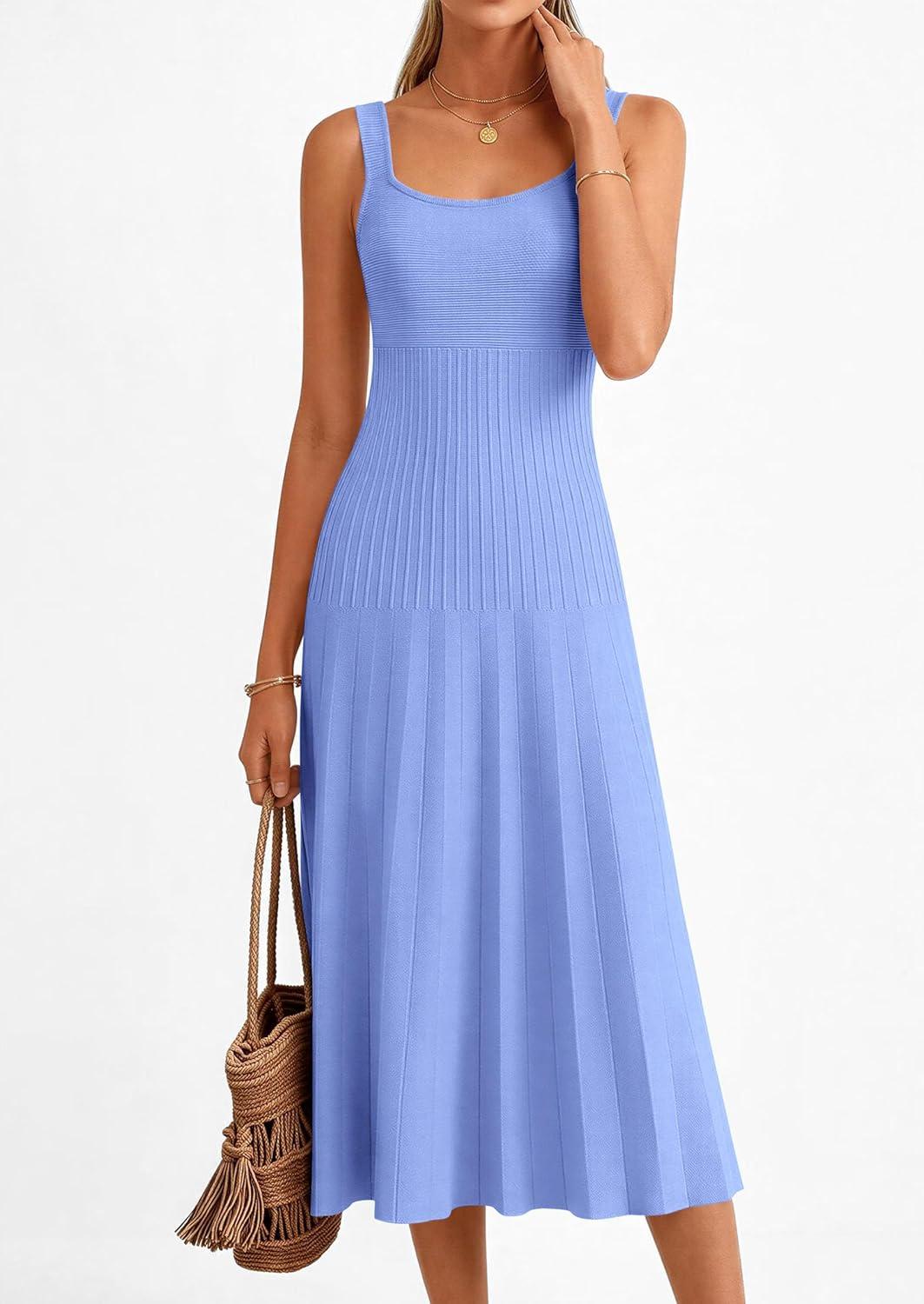 imagePRETTYGARDEN Spring Dresses for Women 2026 Summer Casual Sleeveless Square Neck A Line Knit Pleated Midi Cocktail Party DressLight Blue